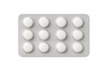 Blister pack containing round white pills on a transparent background