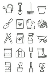 Trendy Gardening Tools icons in minimalistic line art style: watering can, shovel, rake, plant pot, trowel, seed packet, gloves, hose reel, pruning