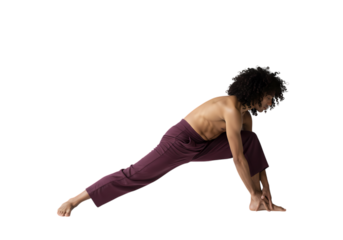 Man Performing a Dynamic Yoga Stretch Low Lunge Pose on Black Background isolated on transparent background
