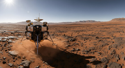 Robotic lander on a desolate, red planet surface under a bright sun