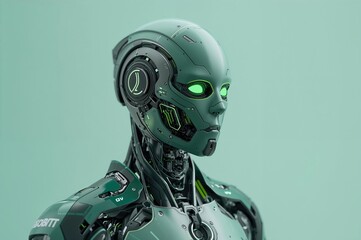 3D digital model of a neon-green AI cyborg torso on a pastel backdrop