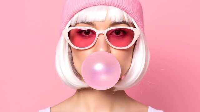 Woman blows bubblegum on a pink background.