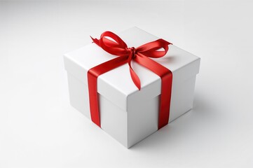 Obraz premium White gift box decorated with a red ribbon, set against a plain white backdrop