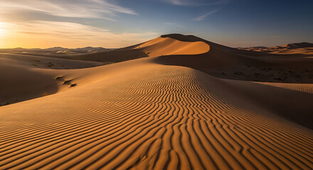 Golden Desert Landscape with Undulating Sand Dunes and Detailed Ripples during Sunrise