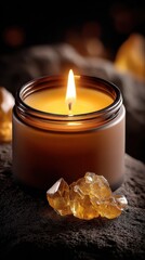 Burning scented candle creating cozy atmosphere with citrine crystals