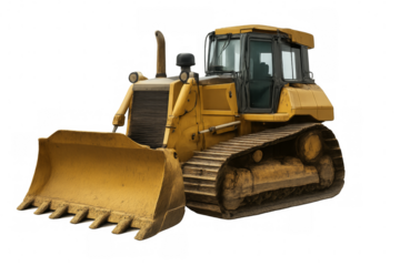 Yellow bulldozer excavating with transparent background