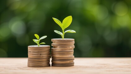 Real estate investor with coins and plants symbolizing growth and green investment concepts