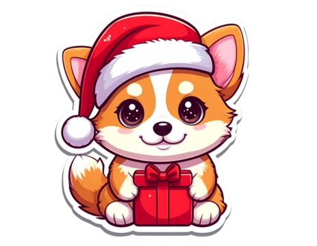 Kawaii Dog Wearing Santa Hat with Christmas Gift, Cute Festive Sticker, isolated on transparent background PNG - Powered by Adobe