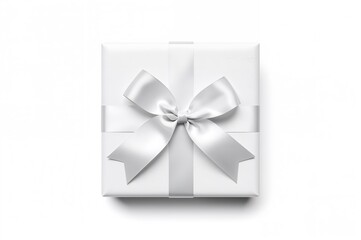 White bow with tails on a broad cross ribbon set against a white background