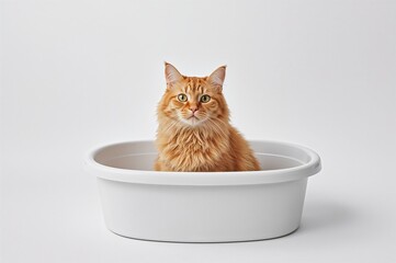 Orange Cat Sitting Alone in a Litter Tray Against a White Backdrop