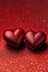 Fototapeta premium Two red hearts on a red glittery background