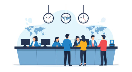 Global team collaborating in modern office with world map and time zone clocks