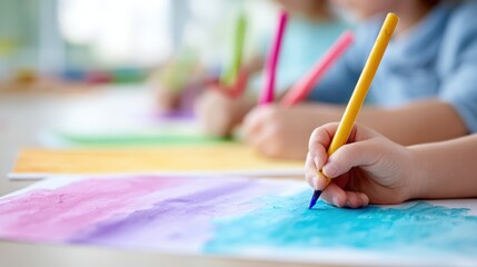 Young children engaged in creative art activity, using colorful crayons on paper, showcasing vibrant colors and imaginative expression in a bright, cheerful environment