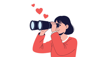 Obraz premium Enthusiastic woman with binoculars discovers exciting opportunities with hearts in the air