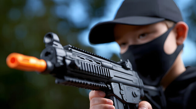 A masked figure dressed in tactical gear holding a high-powered assault weapon, highlighting the importance of security and military readiness. - Powered by Adobe