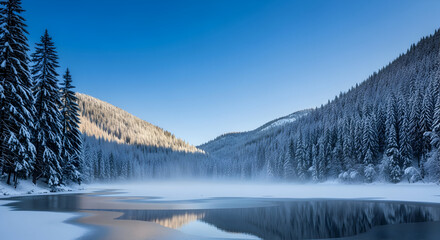 Fototapeta premium Winter Mountain Landscape with Frozen Lake, Snow-Covered Pines, and Bright Blue Sky