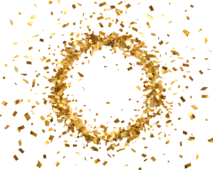A circular frame made of golden confetti, isolated on transparent background