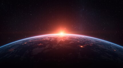 Obraz premium A breathtaking view of Earth from space at sunrise, showcasing vibrant colors and distant stars