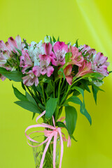 A fresh bouquet of pink and white alstroemeria tied with a ribbon in a crystal vase. The contrasting colors of the flowers on a bright yellow background create a festive feeling, perfect for a greetin