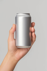 Hand holding silver aluminum drink can on gray background