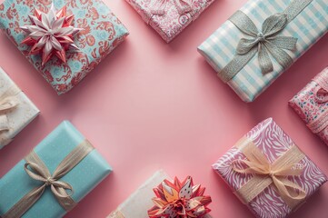 Colorful gift boxes arranged on a vibrant surface, top view