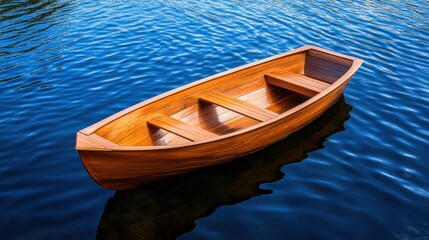 Obraz premium Empty wooden rowboat on blue water