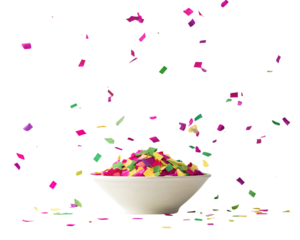Colorful confetti falling into a bowl isolated on transparent background