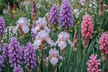 Obraz premium Purple and pink iris family flowers - solitary blooms and clusters