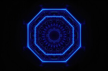 Neon blue illuminated octagonal sci-fi mandala pattern