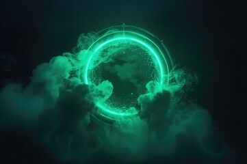 Neon green geometric ring enveloped in futuristic smoke on a dark backdrop