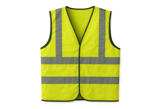 Bright yellow safety vest with reflective stripes on transparent background