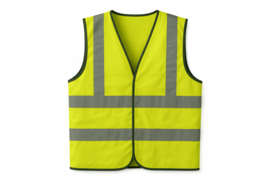 Bright yellow safety vest with reflective stripes on transparent background