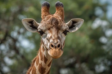 Close-up of a wild giraffe's face in its natural habitat.