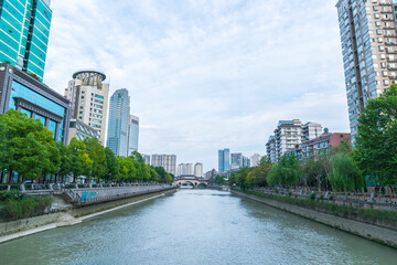 The river landscape of Jiuyan Bridge in Chengdu