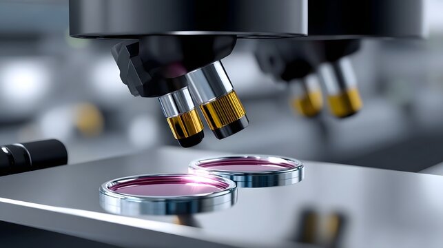 A close-up of a scientific microscope, with the objective focused on several slides or samples for detailed examination and analysis in a laboratory setting.