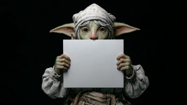 Cute fantasy creature in nightcap holding blank white sign, realistic style on black background, concept of message, announcement or meme
