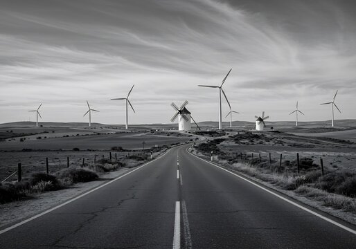 Fototapeta 風車と道路のモノクロ風景写真