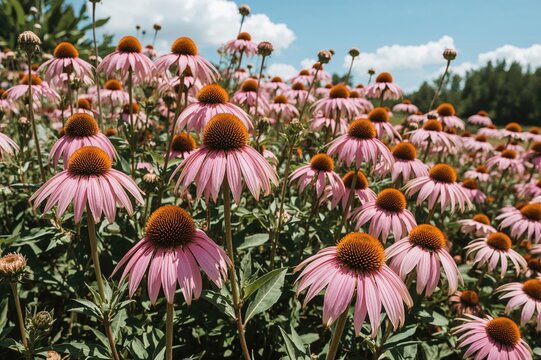 Spherical garden ornaments placed near purple daisies