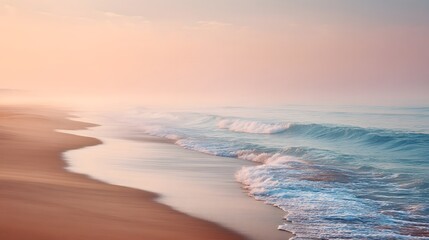 Calm beach with soft waves at sunrise, minimal horizon line