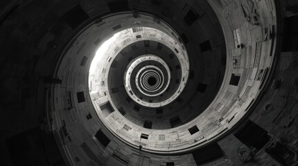 A captivating spiral view of a concrete tunnel with light illuminating the center, showcasing depth