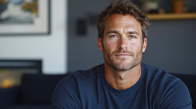 A man sitting on a couch looking at the camera - Powered by Adobe