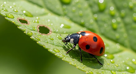 Obraz premium Ladybug on Wet Green Leaf with Raindrops and Holes