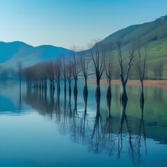 A serene and captivating landscape featuring a row of trees standing in the calm waters of a lake 