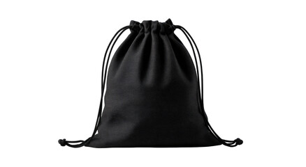 A black drawstring bag against a black background.  Simple, plain, and closed.  Dark, solid color