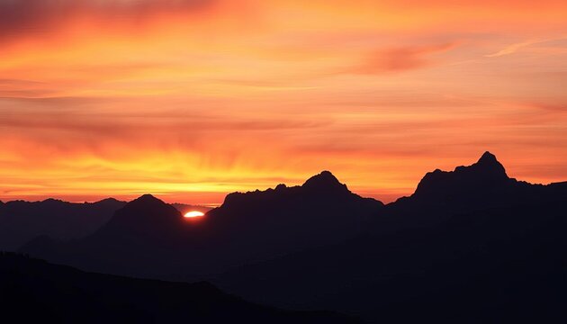 Jagged, dark mountain range silhouette against a vibrant sunset sky, art, horizon