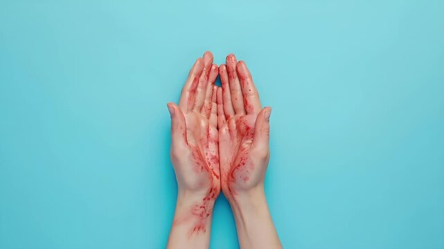 Allergy victim suffering. A closeup of two hands with blood splatters against a turquoise background. The hands are positioned diagonally across the frame, with the fingers slightly curled inward.