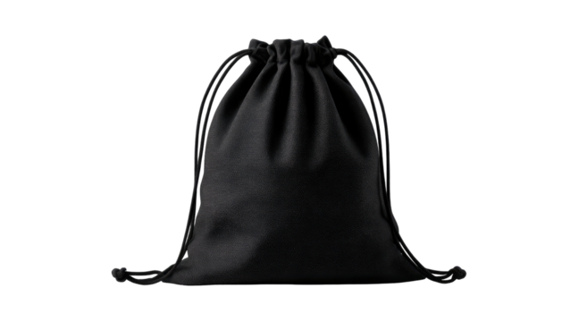 A black drawstring bag against a black background.  Simple, plain, and closed.  Dark, solid color
