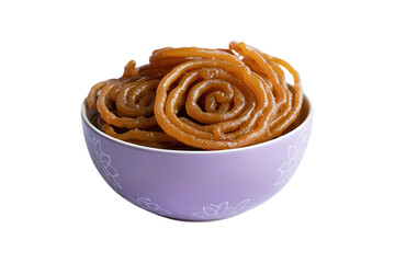 Fototapeta premium Crispy Orange Jalebi in Light Purple Bowl Isolated on Transparent Background