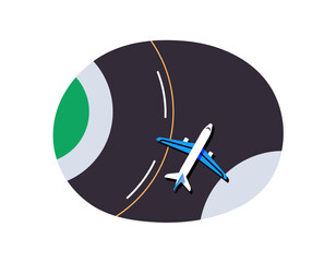 Aircraft takes off on airstrip top view. Above of landing plane on runway in airport. Passenger airplane arrives from flight to aerodrome. Flat isolated vector illustration on white background