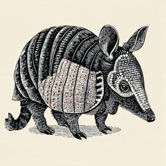 Intricate woodcut style illustration of an armadillo showcasing its unique armor and detailed features in vintage artwork
